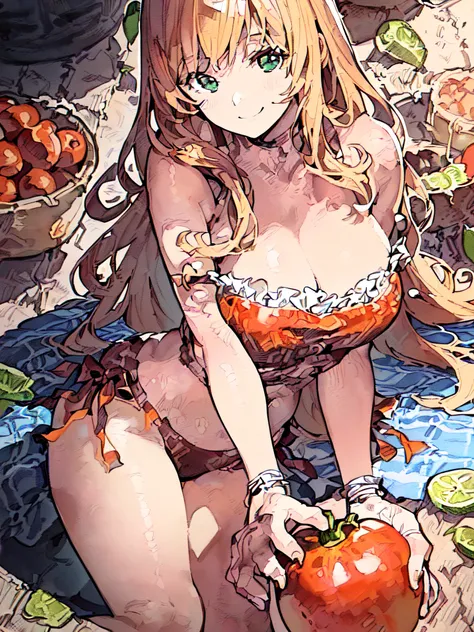 (superfine illustration, Best Quality, Ultra-detailed, Correct delineation, Perfect fingers, Perfect hands, illustratio:1.5), One girl is eating tomatoes, wearing crop top, The Tomatina, Town terrace in the background, , adorable smiling,