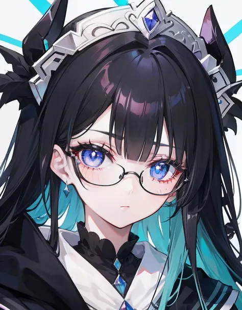 with dark hair and glasses，Powder-blue pupils，Clothes in black and white color，Vermilion threads interweave background，She is a very cunning royal sister goddess