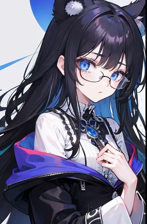 with dark hair and glasses，Powder-blue pupils，Clothes in black and white color，Vermilion threads interweave background，She is a very cunning royal sister goddess