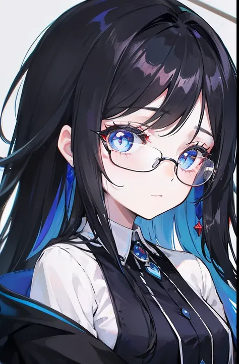 with dark hair and glasses，Powder-blue pupils，Clothes in black and white color，Vermilion threads interweave background，She is a very cunning royal sister goddess