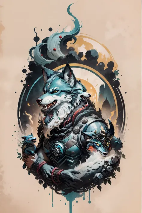 "Gravura do Fenrir: Uma poderosa e intimidante imagem do temido lobo Fenrir, filho de Loki, em um estilo feroz e marcante."