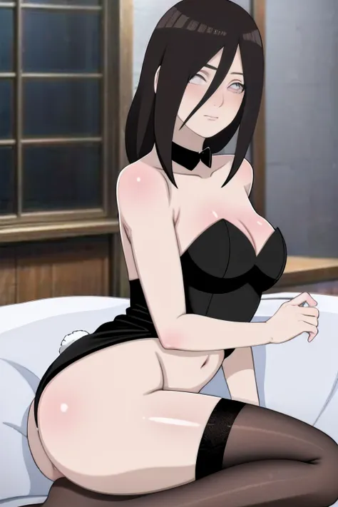 Masterpiece, Highly detailed, Best quality, 超高分辨率, 1girll, Solo, （Snow outside the window，By the fire，perspire，Be red in the face），(Medium breasts), Breasts, (Hana than Hinata:1), (Bunny girl outfit，Long black stockings，Kneeling position), cleavage, From t...