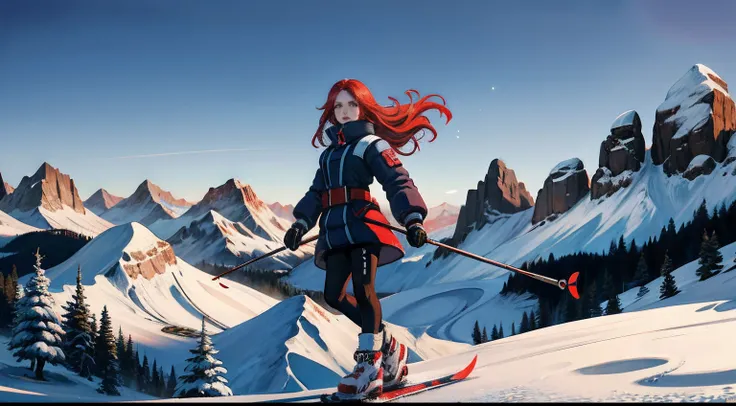 a beautiful red hair woman is enjoying her day skiing in a snow mountain, daylight, snow particles, panoramic view, intricate details, highest resolution, high definition, panoramic view, volumetric light, dynamic composition