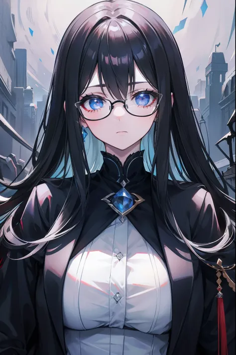 with dark hair and glasses，Powder-blue pupils，Clothes in black and white color，Vermilion threads interweave background，It is a very deceitful royal sister goddess