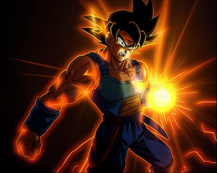 Angry Goku wears Saiyan armor，Holding a ball of light in the universe