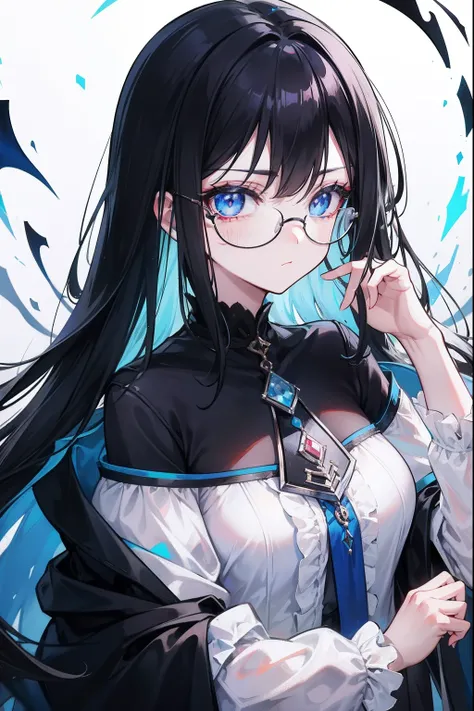 with dark hair and glasses，Powder-blue pupils，Clothes in black and white color，Vermilion threads interweave background，She is a very cunning royal sister goddess