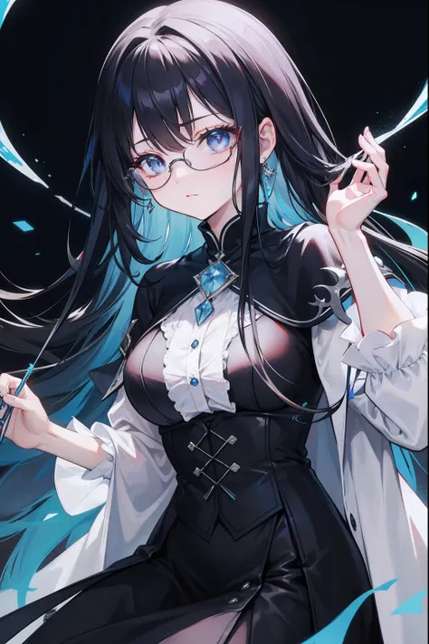 with dark hair and glasses，Powder-blue pupils，Clothes in black and white color，Vermilion threads interweave background，She is a very cunning royal sister goddess