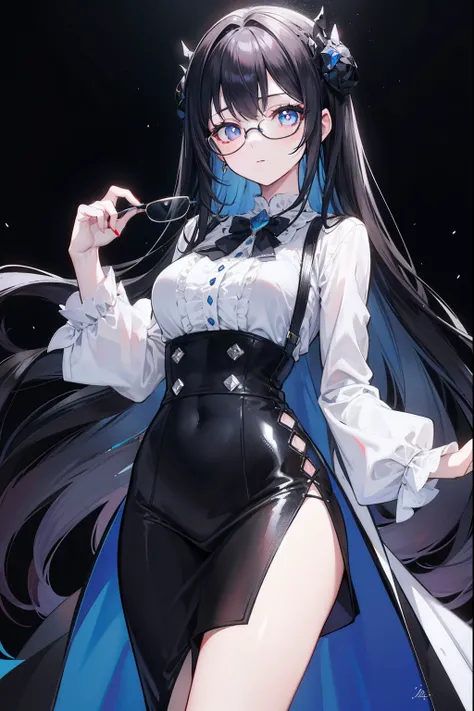 with dark hair and glasses，Powder-blue pupils，Clothes in black and white color，Vermilion threads interweave background，She is a very cunning royal sister goddess