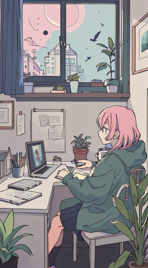 (masutepiece:1.5, Best Quality:1.5), ((Vaporwave Style, partially coloring)),In a cozy apartment, Girl studying diligently at desk alone,dim room,Stylish warm lighting, Coffee on the desk,I can see the moon from the window,Room decorated with plants