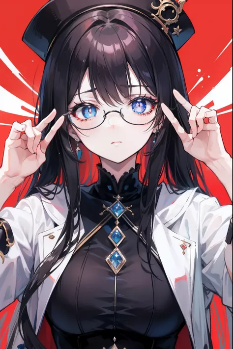 with dark hair and glasses，Powder-blue pupils，Clothes in black and white color，Vermilion threads interweave background，She is a very cunning royal sister goddess