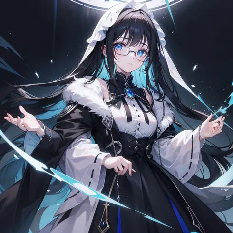 with dark hair and glasses，Powder-blue pupils，Clothes in black and white color，Vermilion threads interweave background，It is a very deceitful royal sister goddess