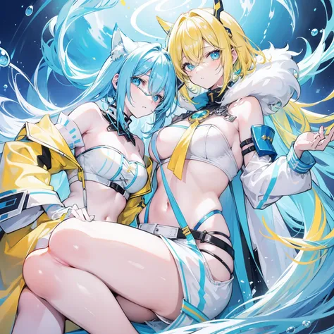 Light bluish-yellow hair with fluorescent creamy white，Blue-pink pupils，Black thick-rimmed glasses，Yellow, blue and white clothes，A super good-looking, especially sweet and cute female sea king，A lot of people are willing to be his licking dogs，She is the ...