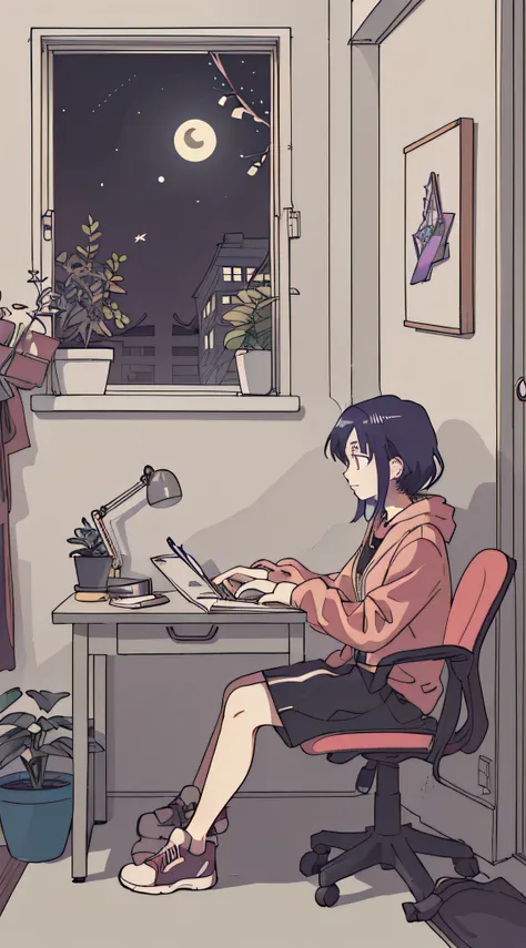 (masutepiece:1.5, Best Quality:1.5), ((Vaporwave Style, partially coloring)),In a cozy apartment, Girl studying diligently at desk alone,dim room,Stylish warm lighting, Coffee on the desk,I can see the moon from the window,Room decorated with plants