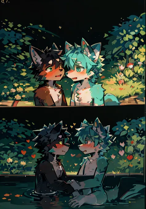 Wolf boy with dark green and teal fur， Wolf boy with white and black fur，The pupils are different，Rolled wolf ears ，Look at each other，Love，adolable，Q version，High resolution of the image，Bathe together，forcibly kissed，Wrap the tail，Meticulous facial expre...