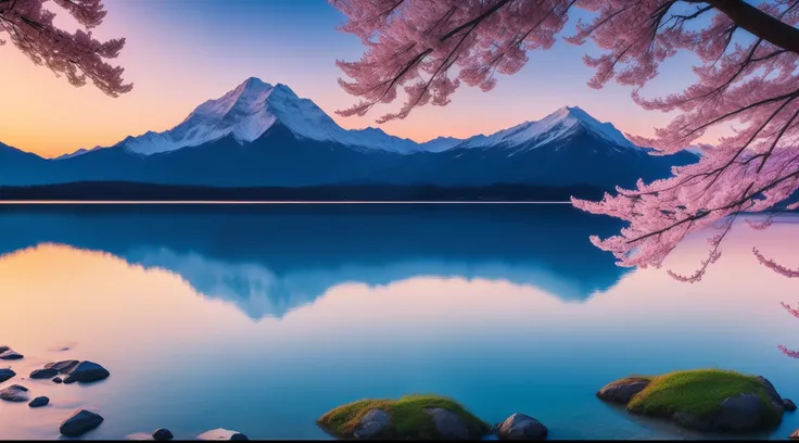 best quality,masterpiece,dusk,soft light(scene:mountain,lake),Cherry blossom trees,