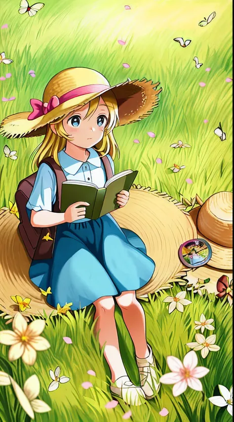 Sitting in an autumn wheat field，A super cute little girl reads a fairy tale book，Natural light，Fresh and light colors，blossoms，butterflys，Straw Hat Hat，book，bookbag，Super detailed picture，tmasterpiece，Masterpiece，Shooting from an elevation perspective