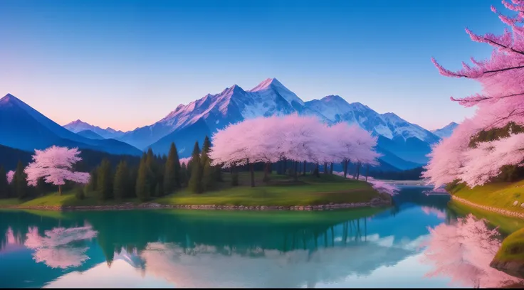 best quality,masterpiece,dusk,soft light(scene:mountain,lake),Cherry blossom trees,