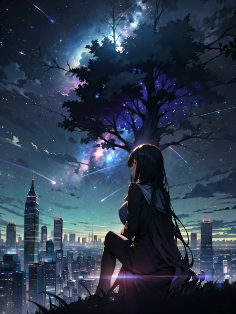 sky, star (sky), scenery, starry sky, night, 1girl, night sky, solo, outdoors, building, cloud, milky way, sitting, tree, long hair, city, silhouette, cityscape