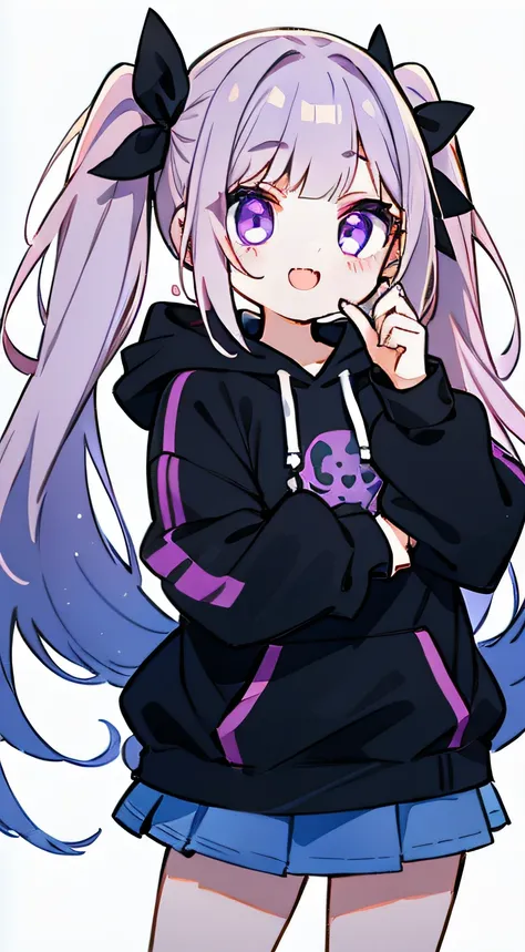 Woman with glowing purple eyes、20yr old、Hands in the mouth、Laughing、top-quality、Transparency、watercolor paiting、Hair is silver twin tails, Pattsun bangs、simple background、Wearing a large black hoodie、a miniskirt、makeups、