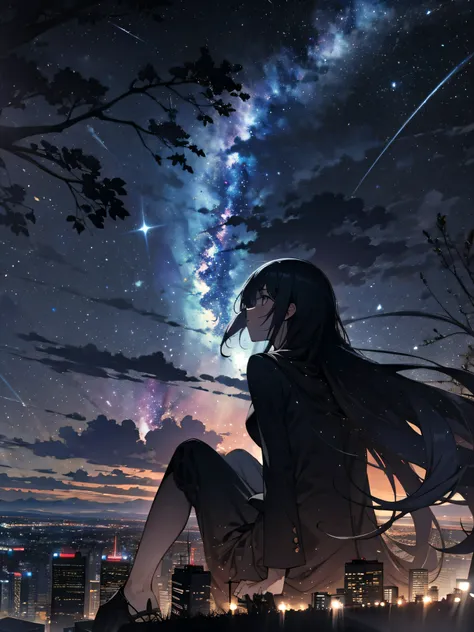 sky, star (sky), scenery, starry sky, night, 1girl, night sky, solo, outdoors, building, cloud, milky way, sitting, tree, long hair, city, silhouette, cityscape