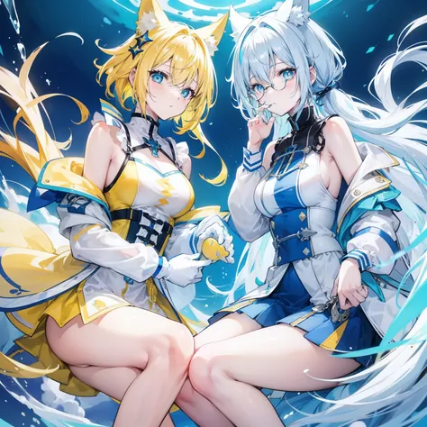 Light bluish-yellow hair with fluorescent creamy white，Blue-pink pupils，Black thick-rimmed glasses，Yellow, blue and white clothes，A super good-looking, especially sweet and cute female sea king，A lot of people are willing to be his licking dogs，She is the ...