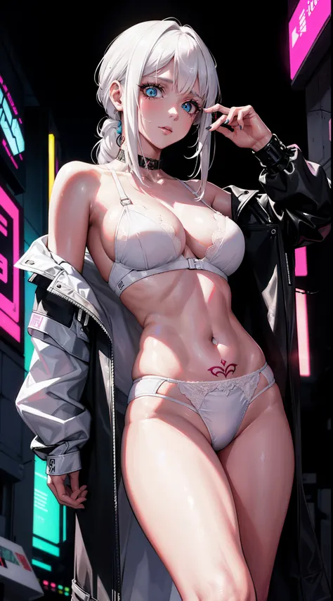 alta resolução, obra-prima, melhor qualidade, 1girl, white hair, very tattos, white lingerie, white clothes, detalhes neon, estilo cyberpunk neon, ao fundo cidade cyberpunk, pele finamente detalhada, seios enormes, pernas muito musculosa