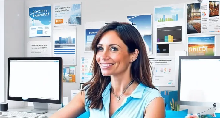 office, Poster advertising social networks, Large screen monitor