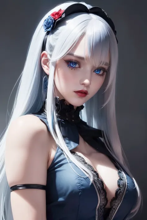 (((Bloodbourne aesthetic))) bust to waist ((half body)) ((beauty slim shape)) of anime beauty blonde girl, photorealistic ((long realistic blue hair, black flower hair clip)), perfect face, realistic skin ((((high detailed skin)))), red lips, in realist wh...