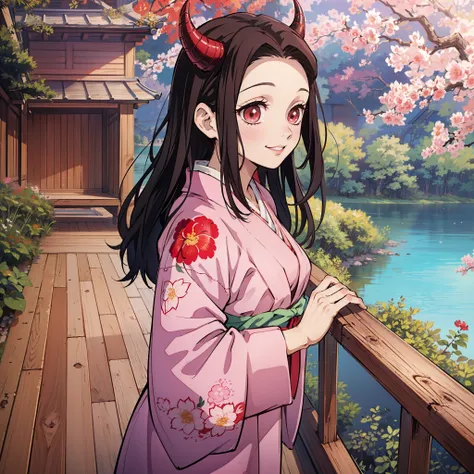 (masterpiece, best quality:1.2), kimetsu no yaiba style, kamado nezuko, (1 girl, solo), 20 years old, upper body, (pink kimono, open chest, floral tattoo on neck and chest), (red demon horns, red eyes), happy smile, look back, (standing on the wooden balco...