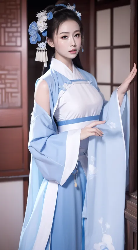 blue and white porcelain style，ancient chinese clothing，white apparel，the clothing has a blue and white pattern，ancient china ar...