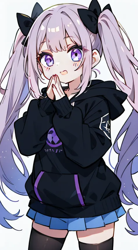 Woman with glowing purple eyes、20yr old、Hands in the mouth、Laughing、top-quality、Transparency、watercolor paiting、Hair is silver twin tails, Pattsun bangs、simple background、Wearing a large black hoodie、a miniskirt、makeups、