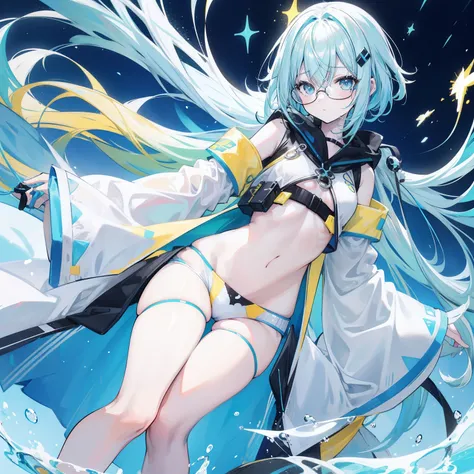 Fluorescent pale bluish-yellow hair，Blue-pink pupils，Black thick-rimmed glasses，Yellow, blue and white clothes，A super good-looking, especially sweet and cute female sea king，The human body generally refers to the light of faith，Looks milky