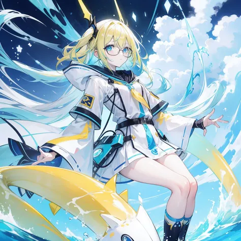 Fluorescent pale bluish-yellow hair，Blue-pink pupils，Black thick-rimmed glasses，Yellow, blue and white clothes，A super good-looking, especially sweet and cute female sea king，The human body generally refers to the light of faith，Looks milky