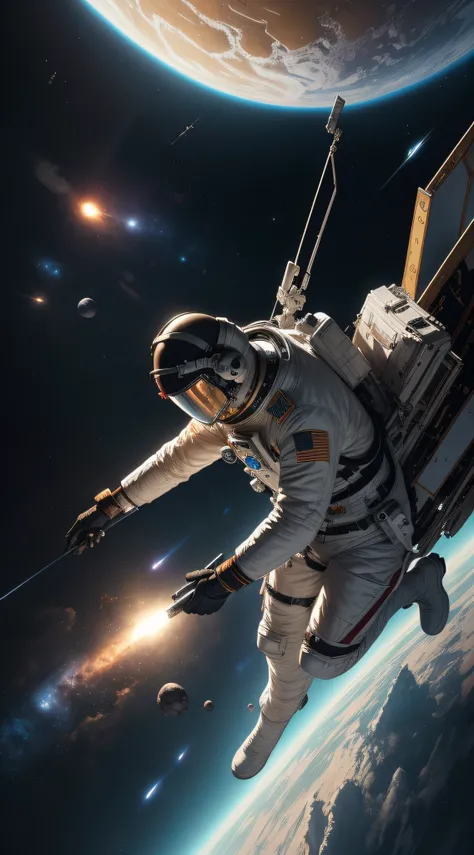 Detailed painting of a male astronaut on a spacewalk, Planets behind, Symmetrical, Realstic, Art Station Nebulae, dinamic lighting, 8 km, , illustration par Greg Rutkowski, Kehinde Wiley, Alphonse Muca, John Berkey Donoto Giancoladark Ombres, rendering Eng...