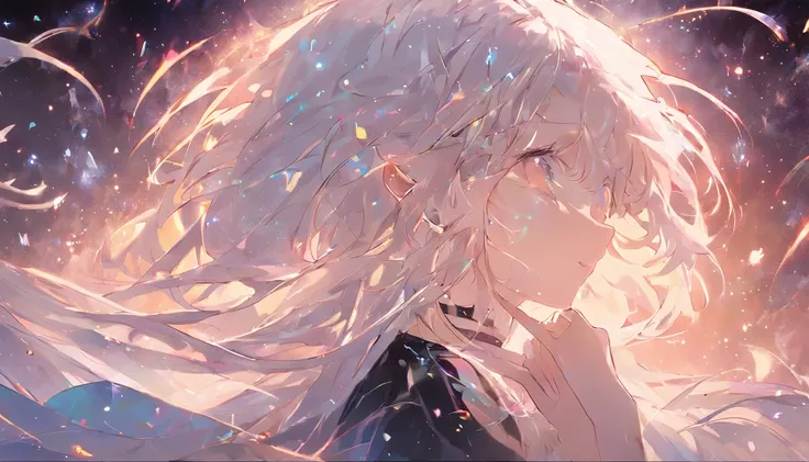 absurderes、hight resolution、(Official Art、Beautifully Aesthetic:1.2)、(Close View:1.15)、(1girl in、White hair、Hair in the middle、yellow  eyes、radiant eyes、Black Long Dress)、Sparkling Galaxy、、Light Effects、