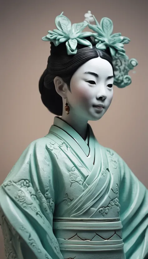 A sculpture of a celadon textured girl wearing Hanfu，Smooth and shiny porcelain skin for girls，chinaware，Ancient Chinese porcelain style relief，Doubleexposure，Delayed exposure，Side lighting，Three-dimensional feeling，3D，Blank background