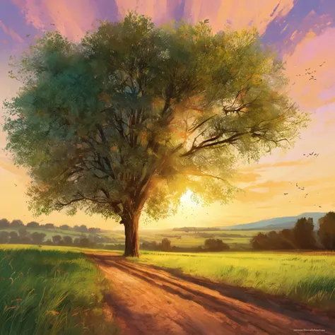 A sunset landscape painting. Golden light shines on the meadow with straight rows of green trees. Clear blue sky with clouds floating in the sky. The gentle breeze rustling the leaves