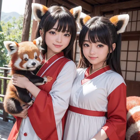 (8K、RAW Photos、top-quality、​masterpiece:1.5)、(realisitic、Photorealsitic:1.5)、ultra-detailliert、超A high resolution、lighting like a movie、(((Idol who loves red pandas)))、(((Japan 16 year old girls)))、(((Wearing a cute costume with a red panda motif)))、(Lots ...