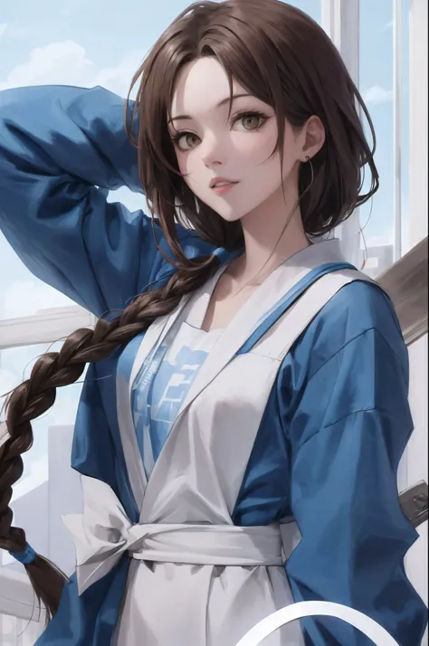 Personagem de anime, brown hair with blue tips with braid, roupa estilo ninja cor vermelha e azul