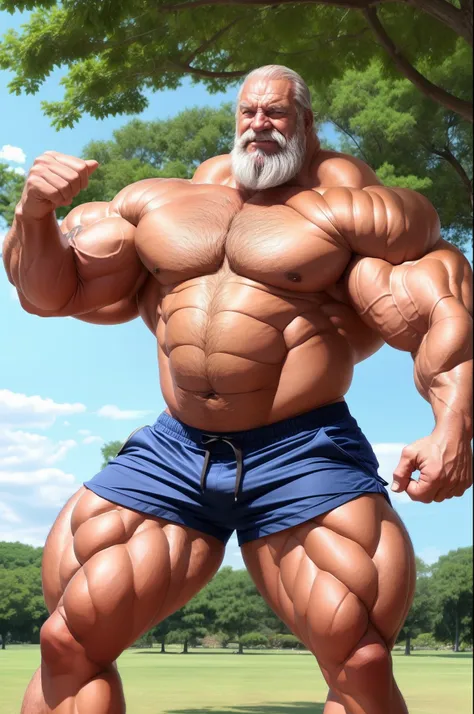 (huge muscular old man), (massive muscle) there is a man that is standing in park (wearing shorts), he is about 8 0 years old, 70 years old, 7 0 years old, huge muscular old man, bearded, anime face