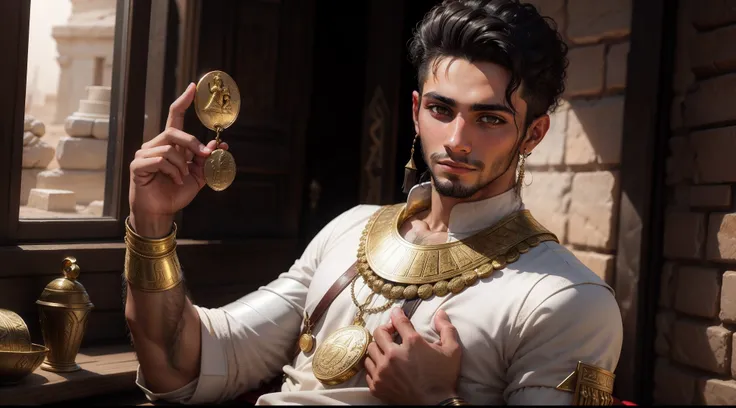 A young Egyptian man from biblical times wearing traditional attire and holding a small gold coin.