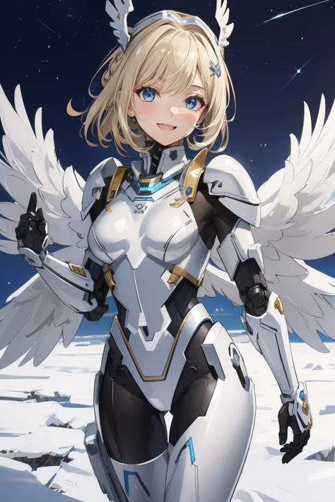 (​master piece, Best Quality),  Intricate details, valkyrie, kawaii, Happy smile, (((Laugh))), Hand up, Looking at Viewer, Feather Headgear, night sky
1 girl, Solo, Portrait, Tentacle ash blonde hair, mini wings, single thighhigh, Independent single sleeve...