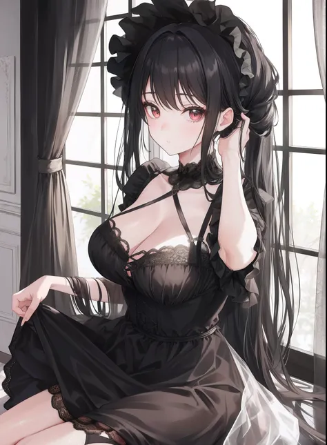 1girl, beautiful black dress, lolita style, lace, cleavage, tying a hair, in the room with a window, legs