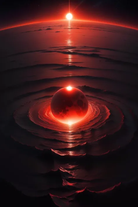 A red sun, the night sky, a flat surface, drifting ice, abyss