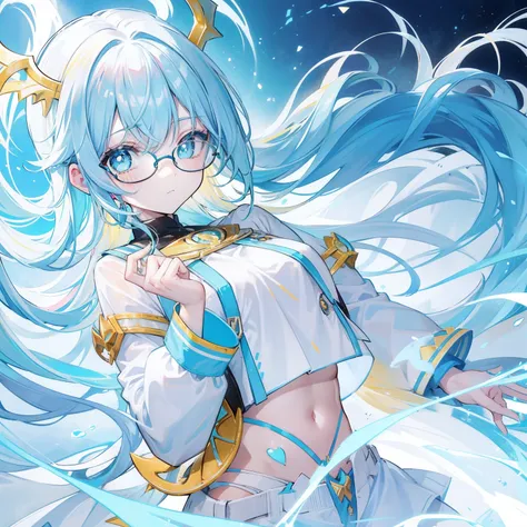 light blues，Yellow hair，Fluorescent milky white，Blue-pink pupils，Black thick-rimmed glasses，Yellow, Blue and white clothes，Super nice looking, Particularly sweet and cute female Aquaman，Light of faith