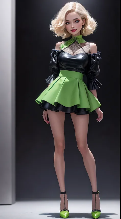 Barbie doll platic , ((full body)), smile, mini skirt kilt in blue and green color, leather top  with flower barocco color lime green couture haute by gucci style, lime color, , fashion, extremely high quality, high details, 8k, 64k, clear black background...