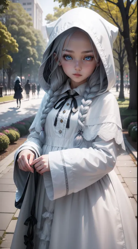 fanciful，yuki，Winters，A girl in the park，Look to the side，Take the flowers，{up-close}，Long silver hair，light blue  eyes，black ribbon，Long-sleeved dress under a white hooded cape，Dirty and shabby clothes