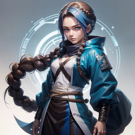 Personagem de anime, brown hair with blue tips with braid, roupa estilo ninja cor roxa e azul