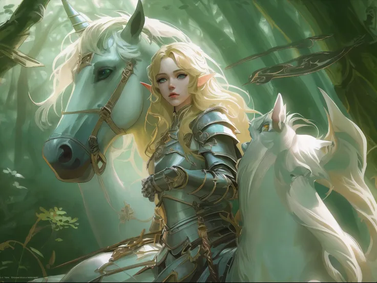 a picture of a beautiful female elf knight riding a unicorn in the forest, female elf knight, extremely beautiful female elf (best details, Masterpiece, best quality: 1.5), ultra feminine, ultra detailed face (best details, Masterpiece, best quality: 1.5),...