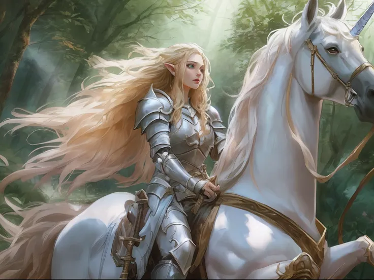 a picture of a beautiful female elf knight riding a unicorn in the forest, female elf knight, extremely beautiful female elf (best details, Masterpiece, best quality: 1.5), ultra feminine, ultra detailed face (best details, Masterpiece, best quality: 1.5),...